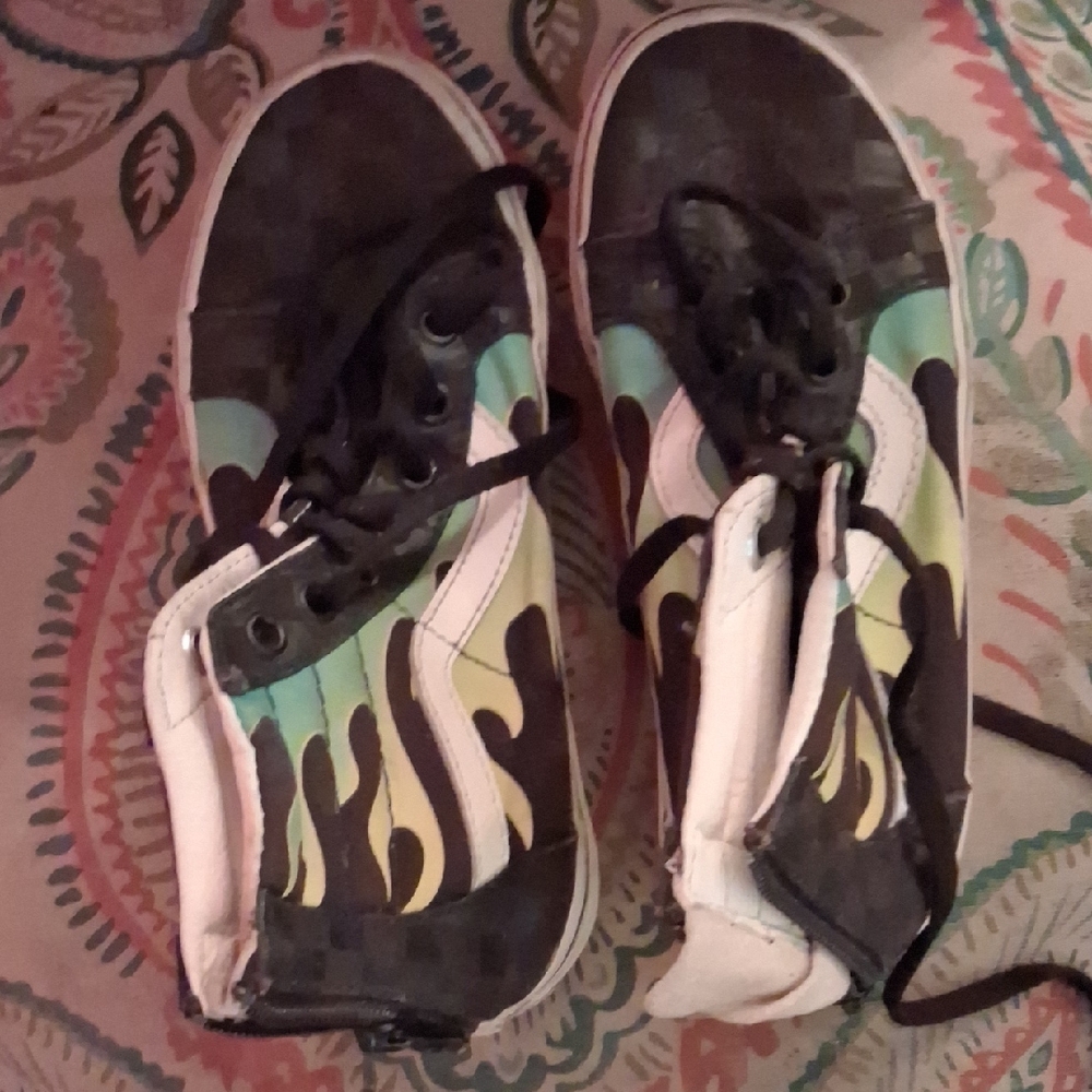 Vans Kids Canvas Sneakers with Black, Green and Yellow Flame Design